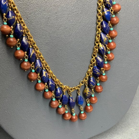BoHo Multicolor Bead Necklace 32 In Gold Chain Wooden Brown Royal Blue Turquoise - Picture 4 of 9